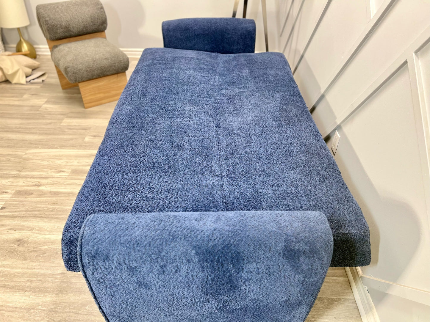 Blue Boucle futon w/ storage Brand New